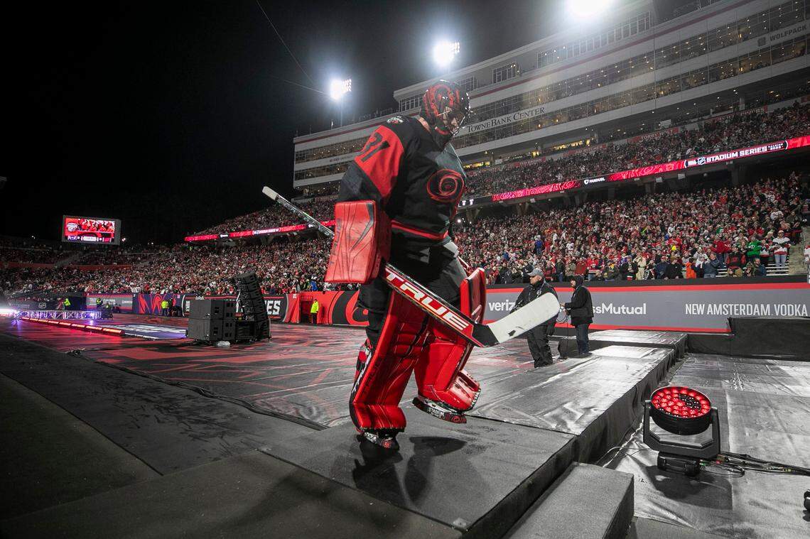 Carolina Hurricanes’s goalie Frederik Andersen (31) leaves the ice following a pregame warm up prior to their Stadium Series game against the Washington Capitals on Saturday, February 18, 2022 at Carter-Finley Stadium in Raleigh, N.C.