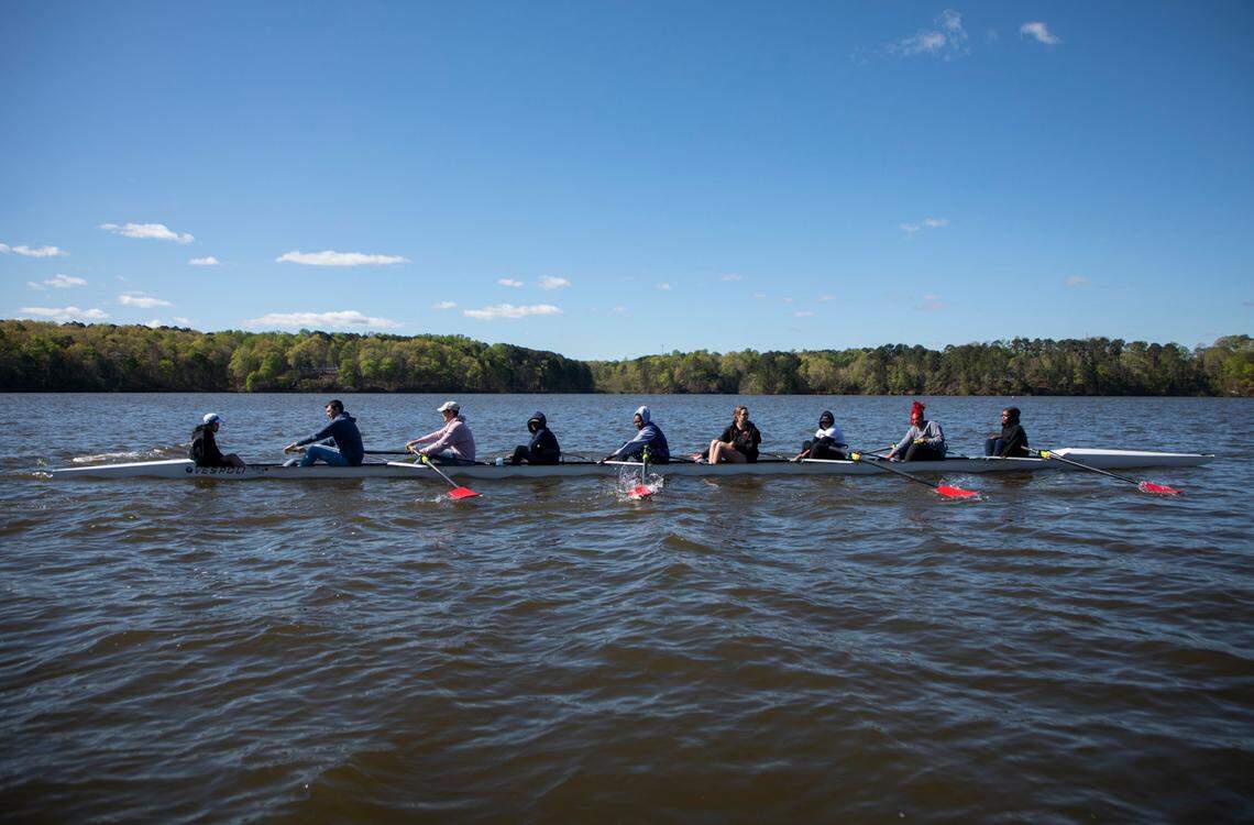 Rowers from Saint Augustine’s University and N.C. State University practice in a Vispoli rowing shell on Lake Wheeler in Raleigh, N.C. on Sunday, April 10, 2022.