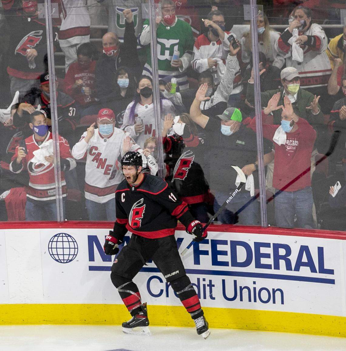 Carolina Hurricanes’ Jordan Staal (11) reacts after scoring in the second period to give the Hurricanes a 2-1 lead during their first round Stanley Cup series game against Nashville on Monday, May 17, 2021 at PNC Arena in Raleigh, N.C.