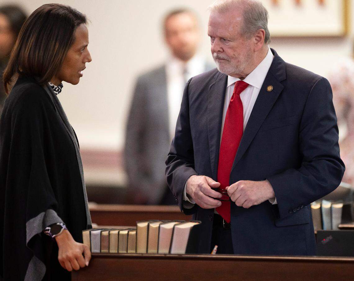 Senate Democratic Leader Senator Sydney Batch talks with Senate leader Phil Berger on Wednesday, April 16, 2025 at the General Assembly in Raleigh, N.C.
