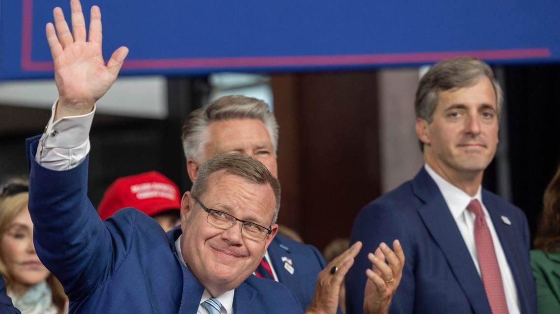 Tim Moore acknowledges the crowd upon his introduction by Republican Vice Presidential candidate Senator J.D. Vance during his rally at Union Station on Wednesday, September 18, 2024 in Raleigh, N.C.   Congressional candidates Mark Harris and Brad Knott were seated with Moore at the rally. 