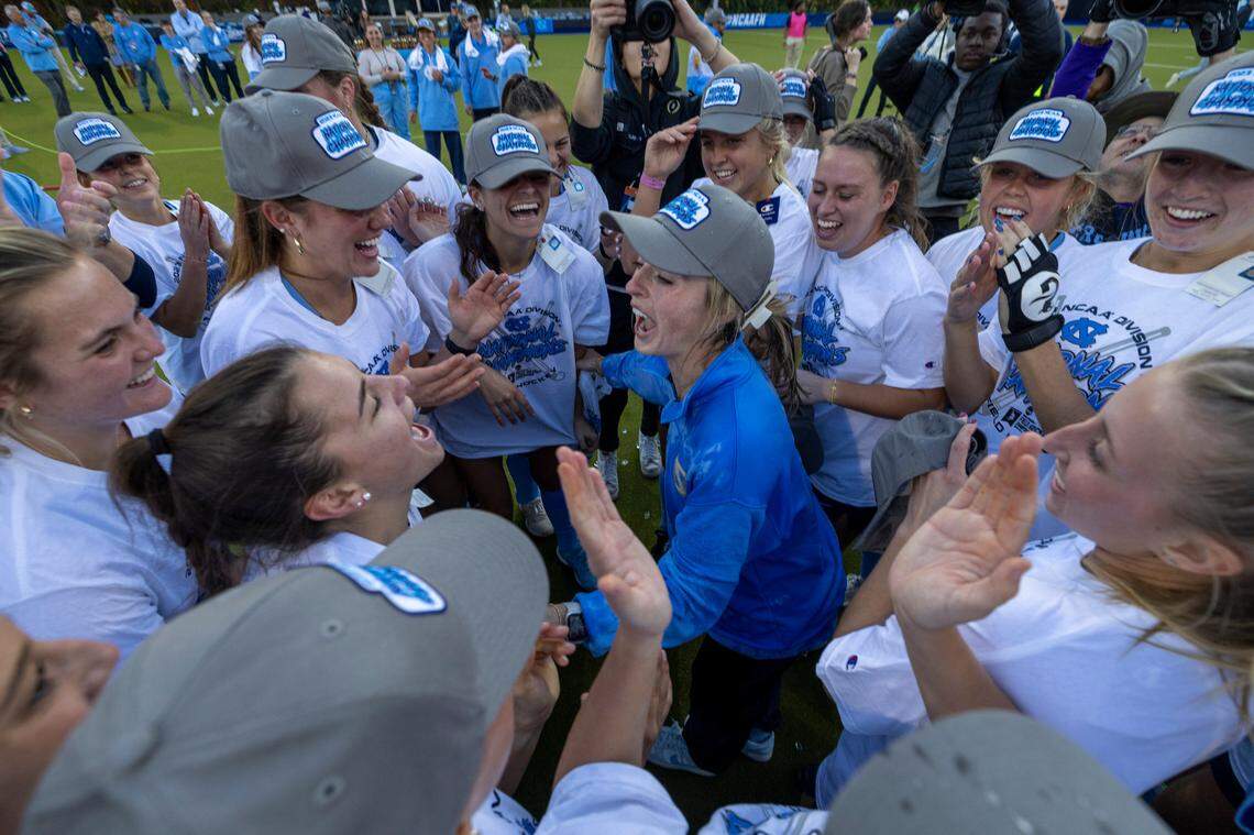 North Carolina field hockey coach Erin Matson celebrates with her team after clinching the 2023 NCAA Division I Field Hockey Championship on Sunday, November 19, 20223 at Karen Shelton Stadium in Chapel Hill, N.C.