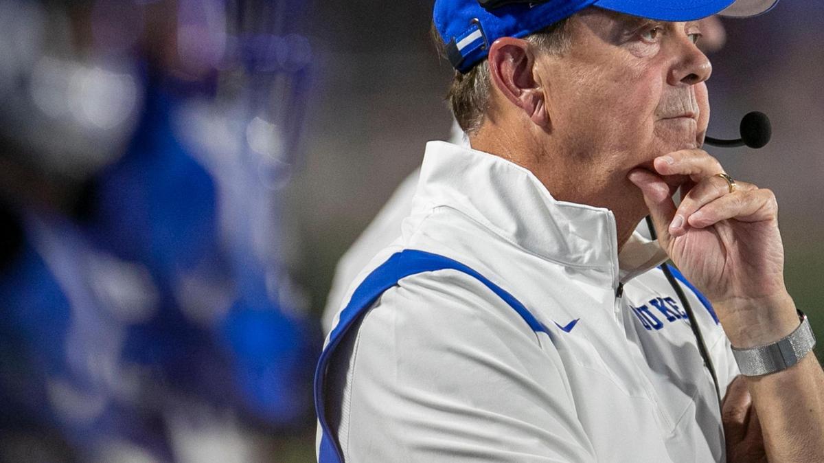 Duke coach David Cutcliffe watches his team on offense in the third quarter against North Carolina A&T on Friday, September 10, 2021 at Wallace Wade Stadium in Durham, N.C.