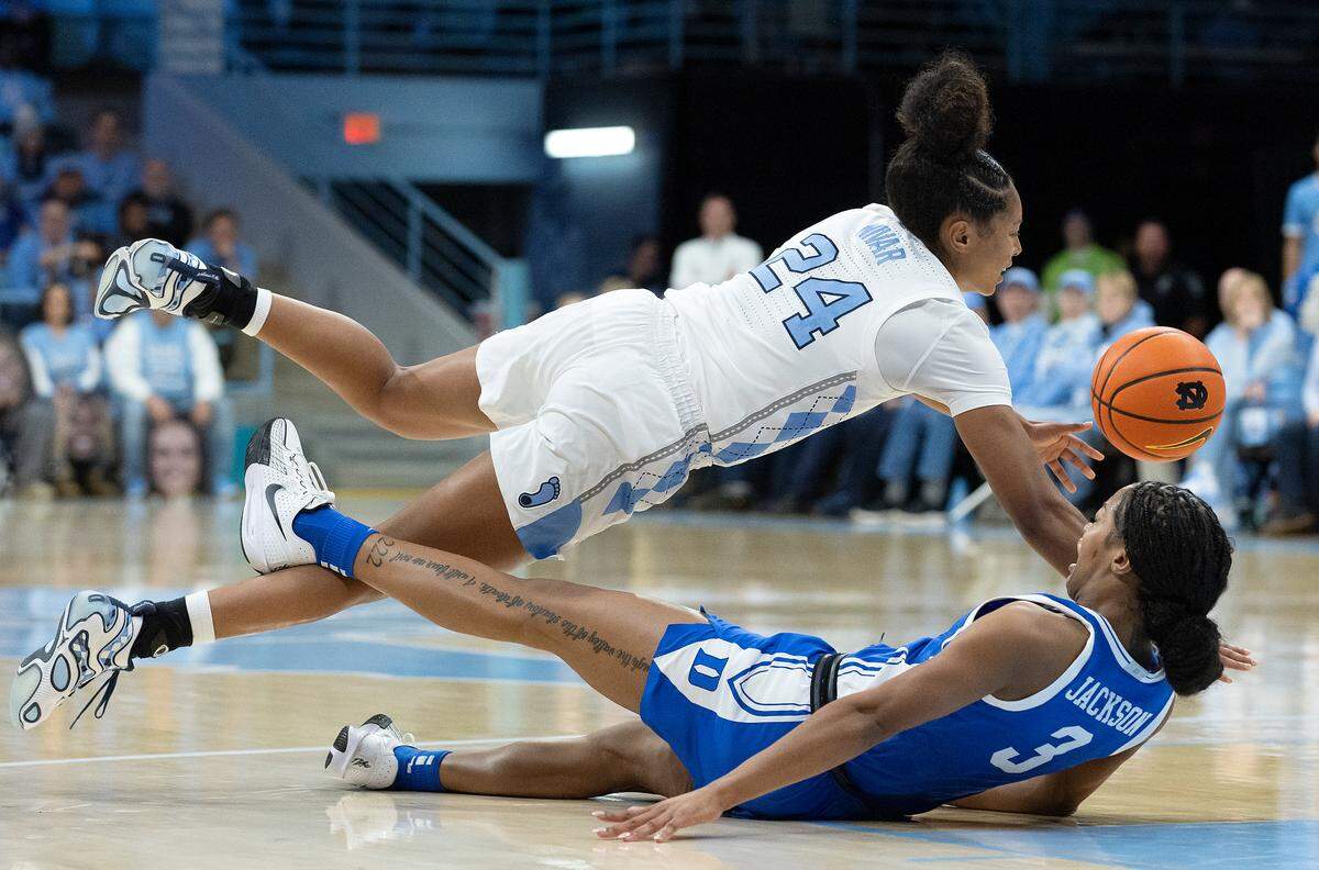 North Carolina’s Indya Nivar collides with Duke’s Ashlon Jackson during the first half of the Tar Heels’ game on Thursday, Jan. 9, 2025, at Carmichael Arena in Chapel Hill, N.C.