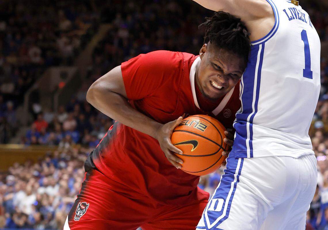Duke’s Kyle Filipowski (30) works against Duke’s Dereck Lively II (1) during the second half of Duke’s 71-67 victory over N.C. State at Cameron Indoor Stadium in Durham, N.C., Tuesday, Feb. 28, 2023.