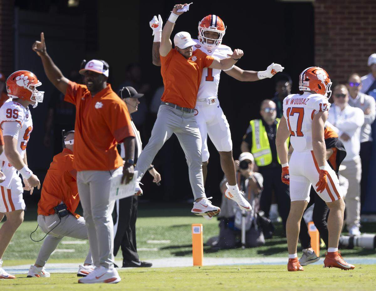 Clemson wide receiver T.J. Moore (1) celebrates following a 75-yard pass reception for the Tigers’ first touchdown to take a 7-0 lead over North Carolina on Saturday, October 4, 2025 at Kenan Stadium in Chapel Hill, N.C. 