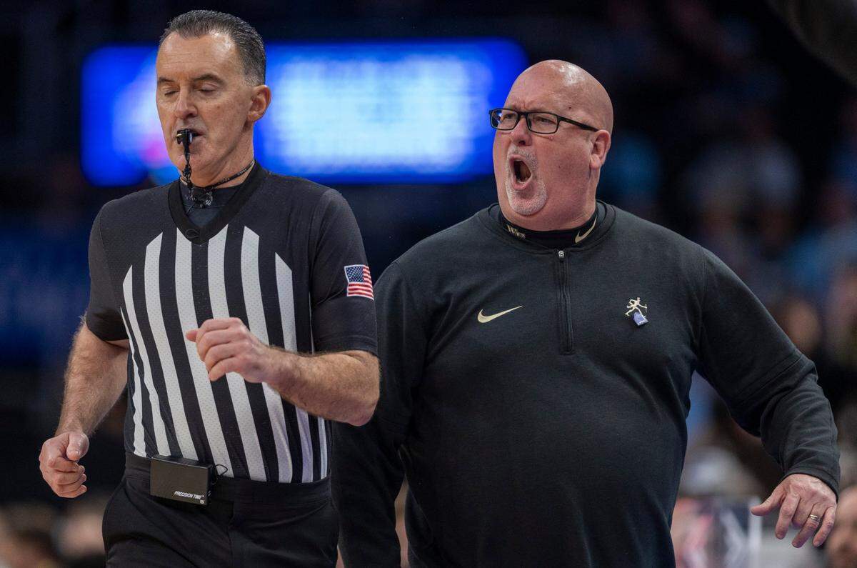 Wake Forest coach Steve Forbes gives official Roger Ayers an ear full during the second half against Pittsburgh in the quarterfinals of the ACC Men’s Basketball Tournament at Capitol One Arena on Wednesday, March 13, 2024 in Washington, D.C.