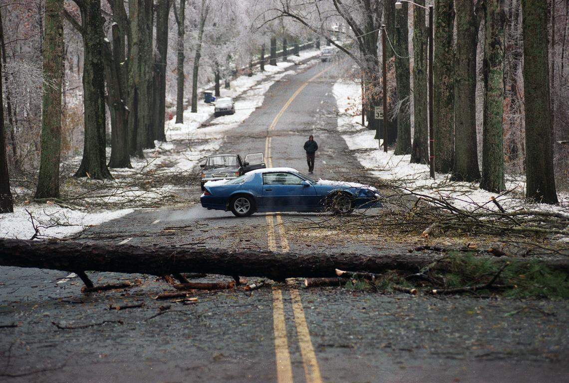Motorists were stymied by  a fallen pine on Duke University Rd. in Durham. Normally a busy artery it was deserted and impassable after the ice storm in 2002.