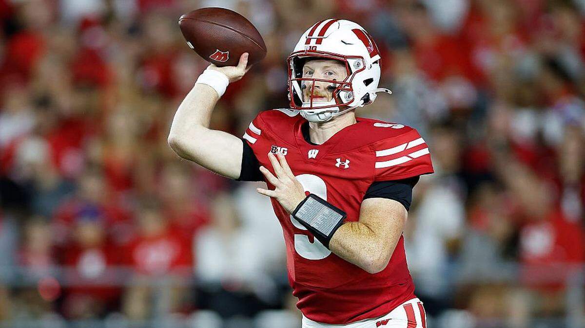 MADISON, WISCONSIN - AUGUST 28: Billy Edwards Jr. #9 of the Wisconsin Badgers drops back to pass in the first quarter against the Miami (OH) Redhawks at Camp Randall Stadium on August 28, 2025 in Madison, Wisconsin. (Photo by John Fisher/Getty Images)