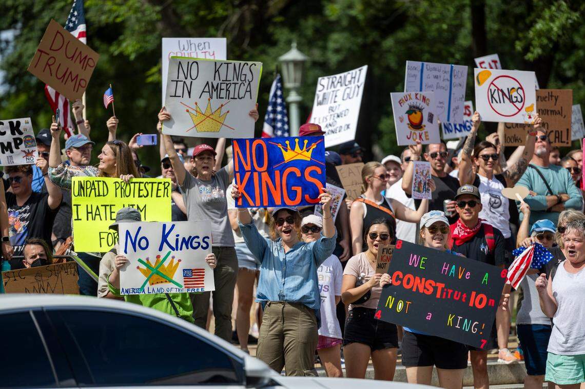 Hundreds of demonstrators rally at the North Carolina State Capitol on Saturday, June 14, 2025. The event was one of dozens held across the state and hundreds nationwide during what organizers called a nationwide day of defiance against the Trump administration.