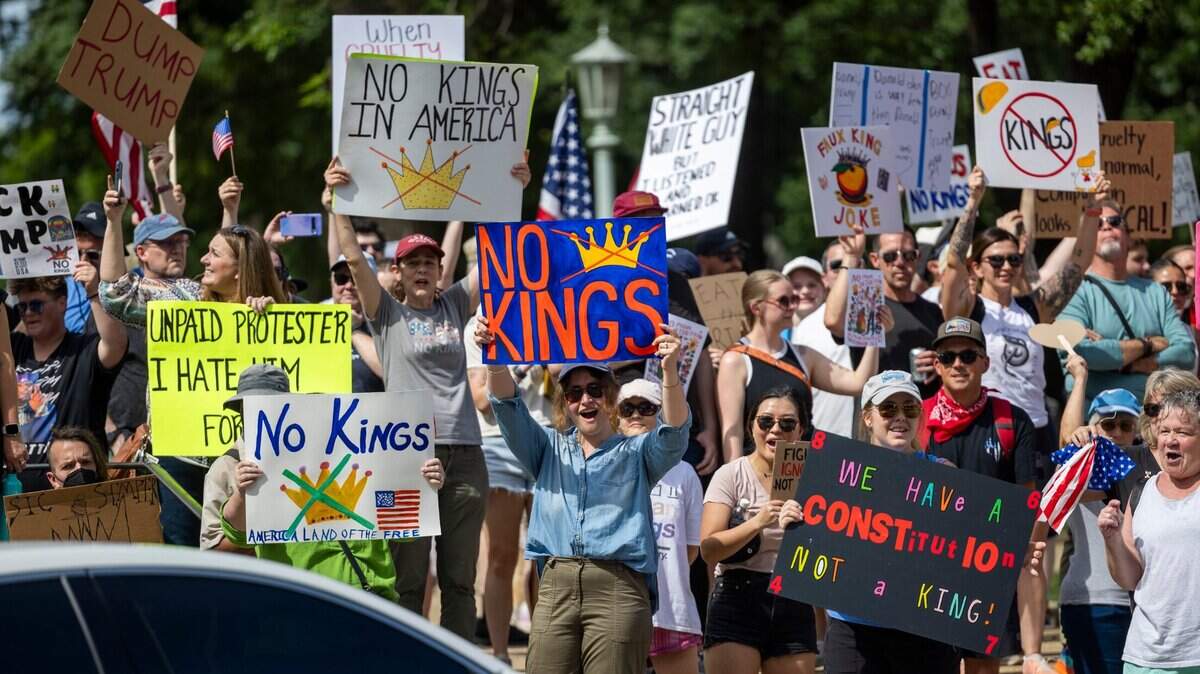 Hundreds of demonstrators rally at the North Carolina State Capitol on Saturday, June 14, 2025. The event was one of dozens held across the state and hundreds nationwide during what organizers called a nationwide day of defiance against the Trump administration.