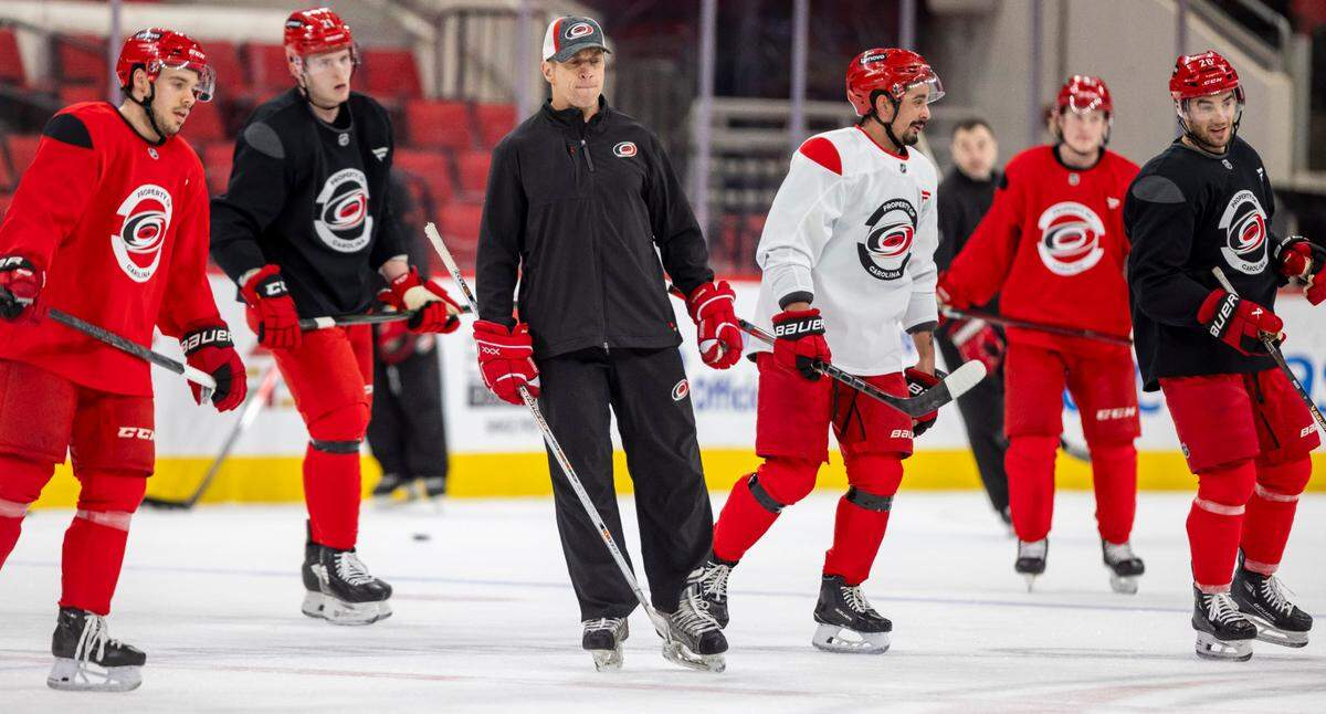 Carolina Hurricanes coach Rod Brind’Amour skates with his team during practice on May 2. The Canes are set to face the Washington Capitals on May 6.