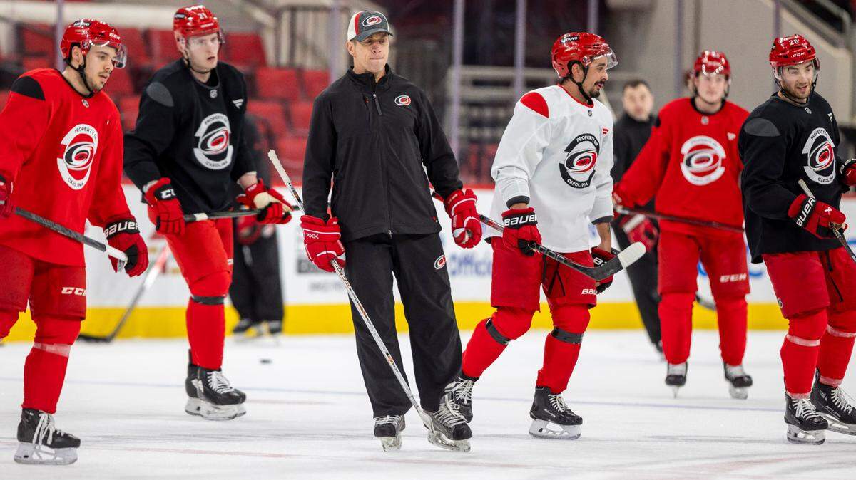 Carolina Hurricanes’ Rod Brind’Amour seen skating with the team in practice in May 2025, is beginning his eighth year as head coach.