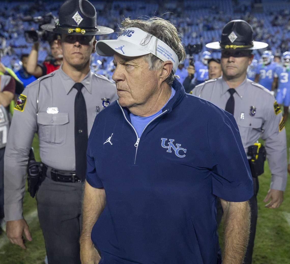 North Carolina coach Bill Belichick leaves the field following the Tar Heels’ 32-25 loss to Duke on Saturday, November 22, 2025 at Kenan Stadium in Chapel Hill, N.C.  