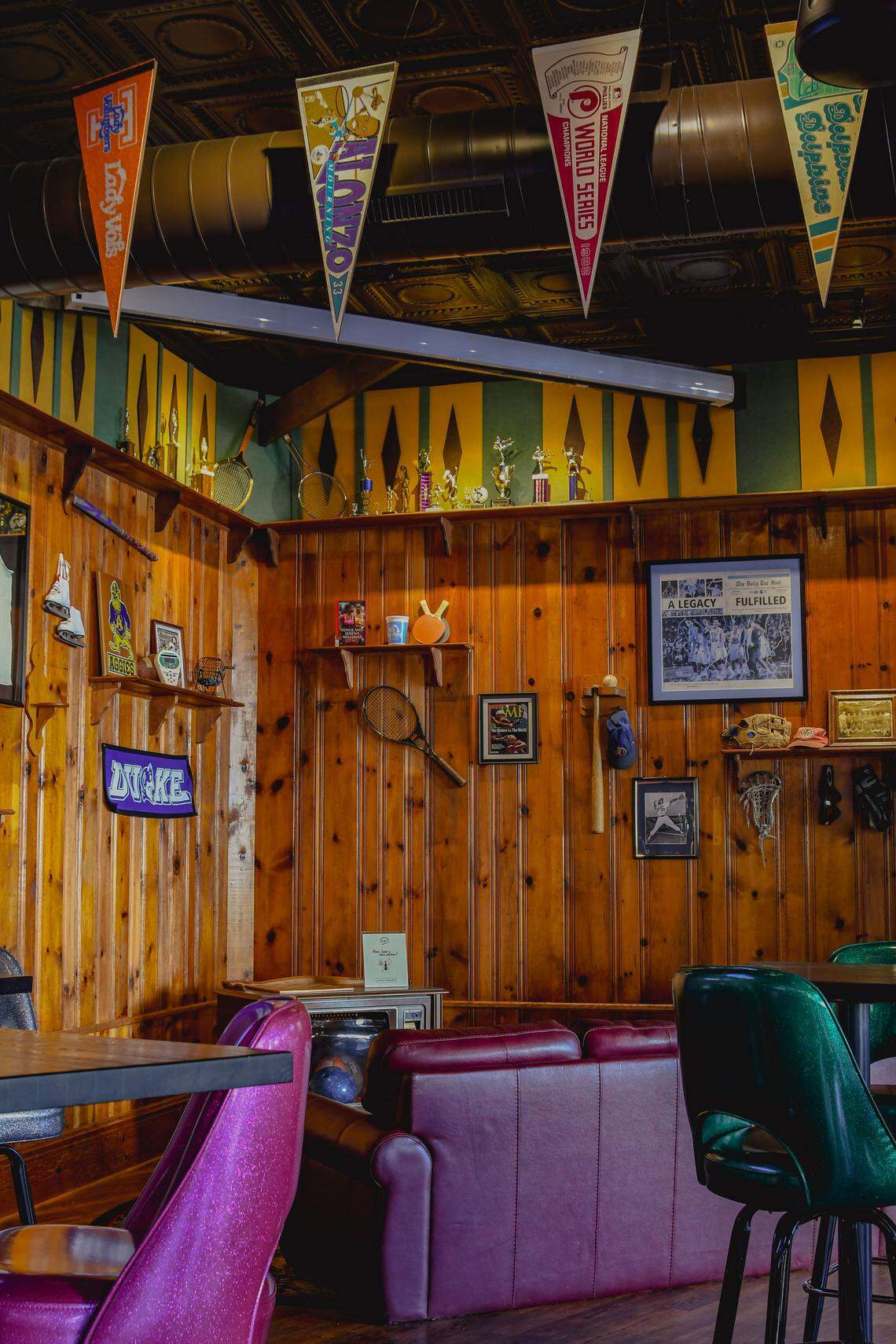Look for vintage sports touches in the new EO’s Athletic Club, with pennants and trophies lining the walls.