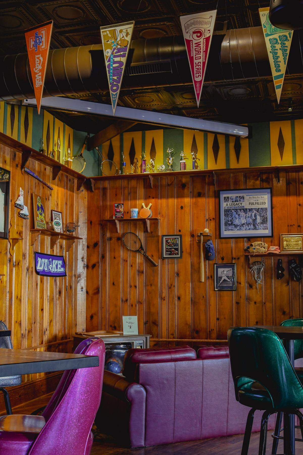 Look for vintage sports touches in the new EO’s Athletic Club, with pennants and trophies lining the walls.