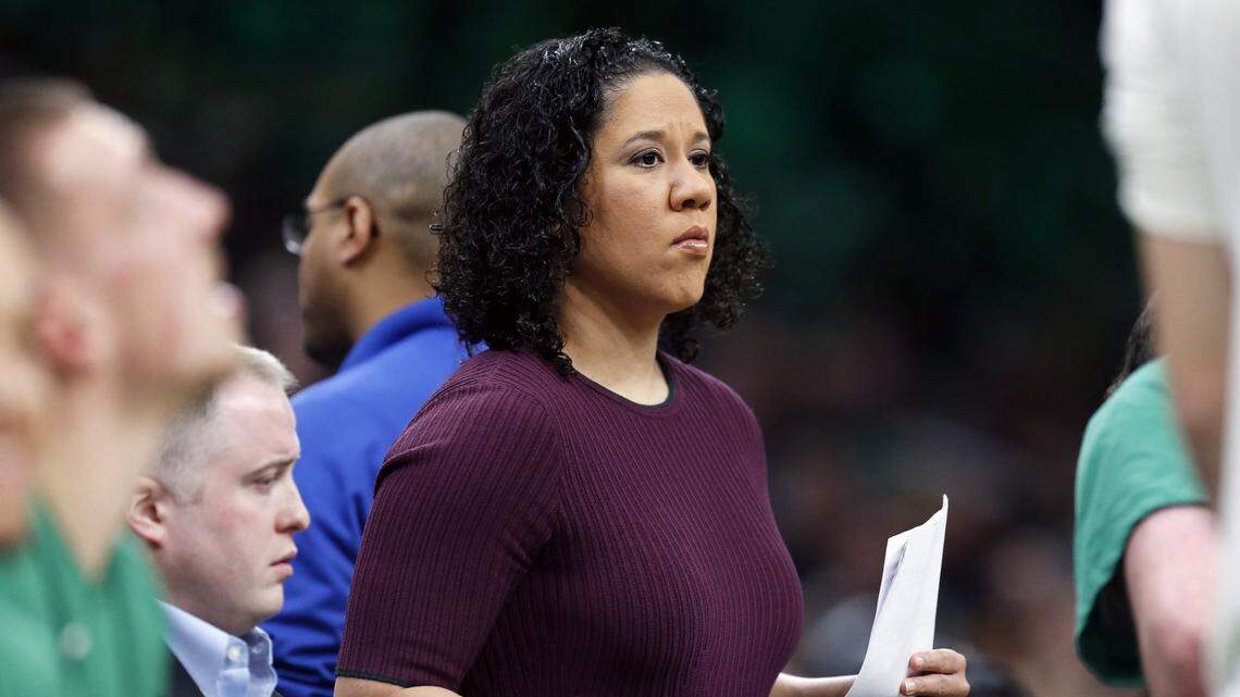 Boston Celtics assistant coach Kara Lawson during the first half on an NBA basketball game against the Toronto Raptors in Boston, Saturday, Dec. 28, 2019. (AP Photo/Michael Dwyer)