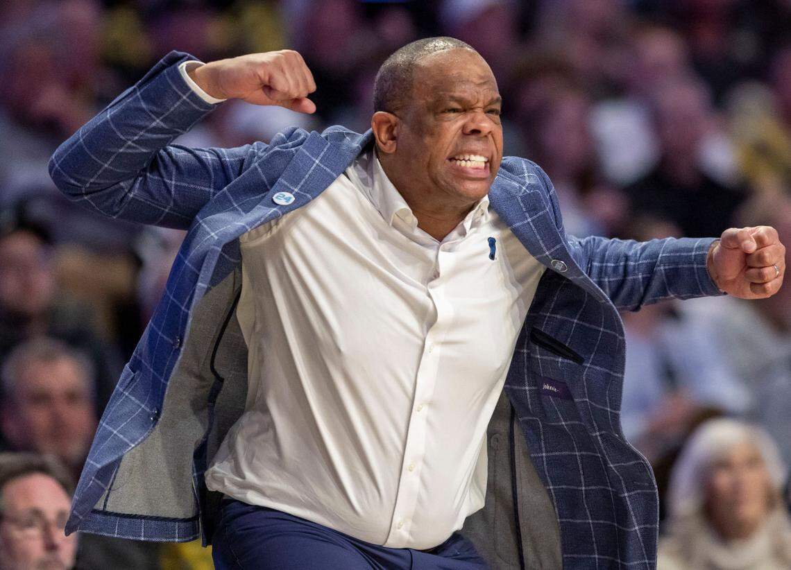 North Carolina coach Hubert Davis reacts to a turnover by his team in the first half against Wake Forest on Tuesday, January 21, 2025 at Lawrence Joel Coliseum in Winston-Salem, N.C.