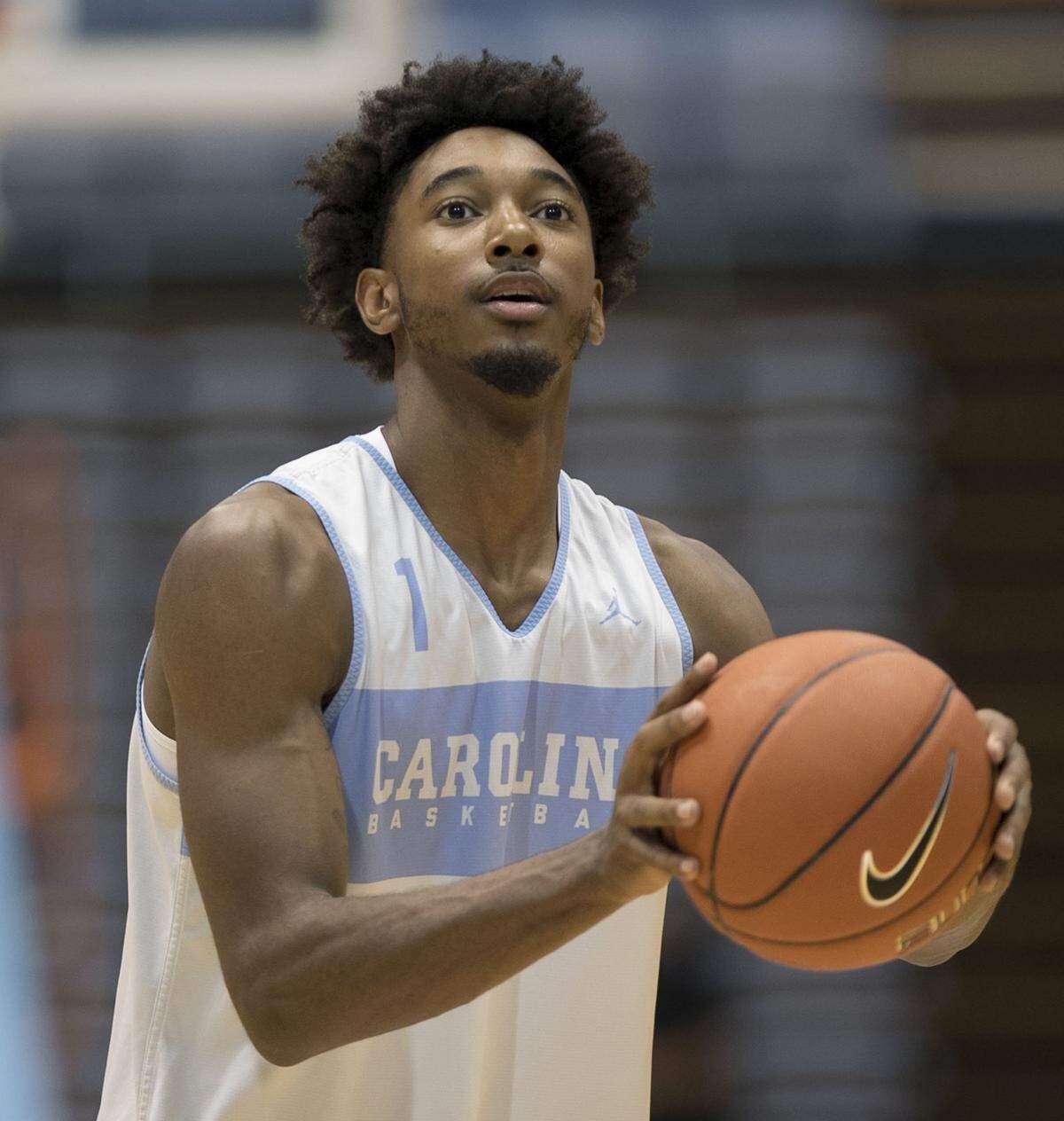 North Carolina’s Rechon ‘Leaky’ Black (1) shoots during the Tar Heels’ practice on Tuesday, October 9, 2018 at the Smith Center in Chapel Hill, N.C.