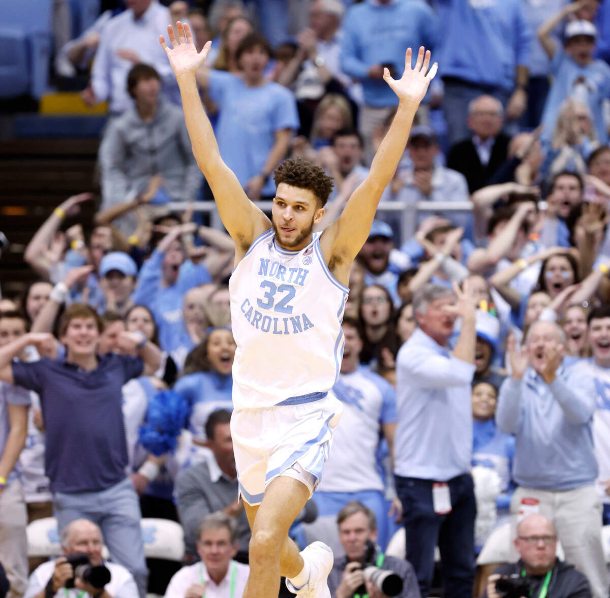 North Carolina’s Pete Nance (32) celebrates after slamming in two during the second half of UNC’s 80-69 victory over N.C. State at the Smith Center in Chapel Hill, N.C., Saturday, Jan. 21, 2023.