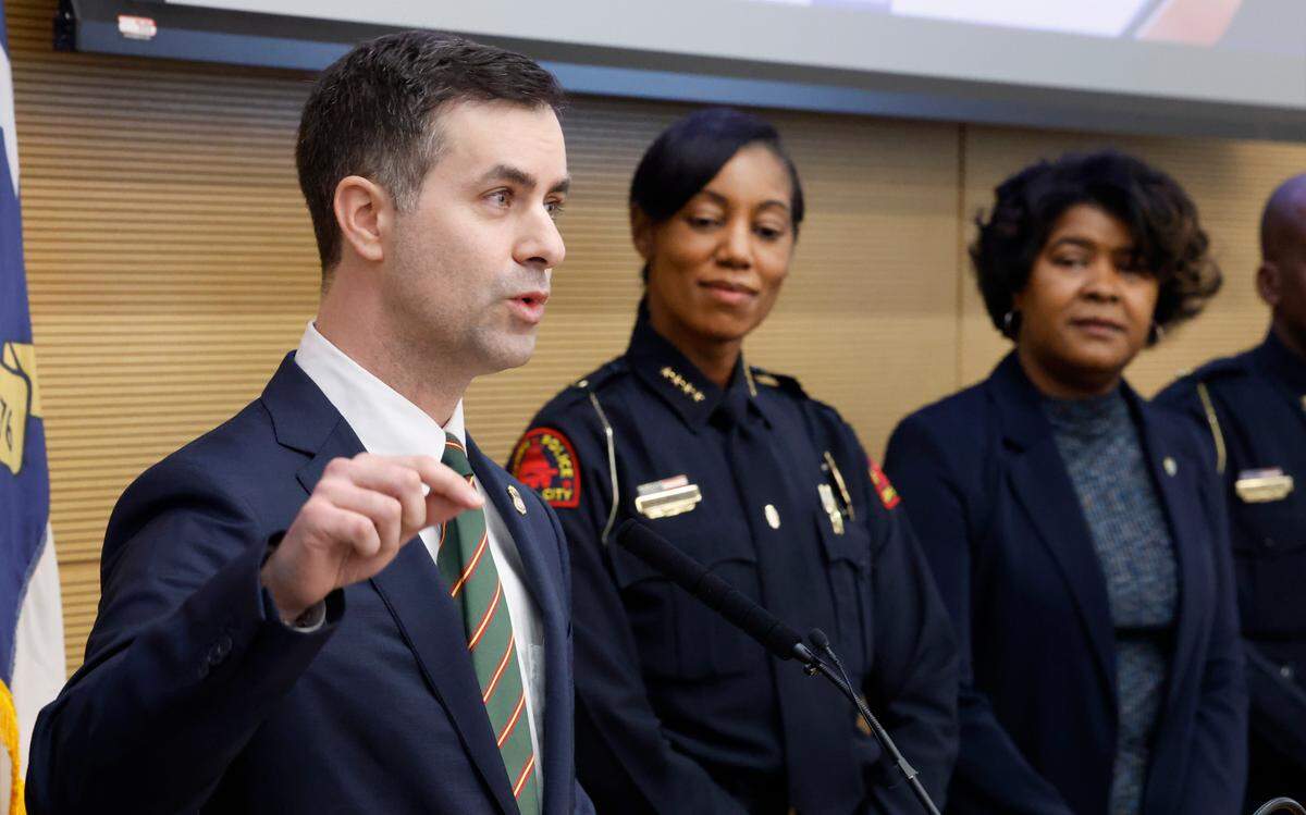U.S. Attorney Michael Easley during a news conference in February 2024 with Raleigh Police Chief Estella Patterson and Raleigh City Manager Marchell Adams-David.