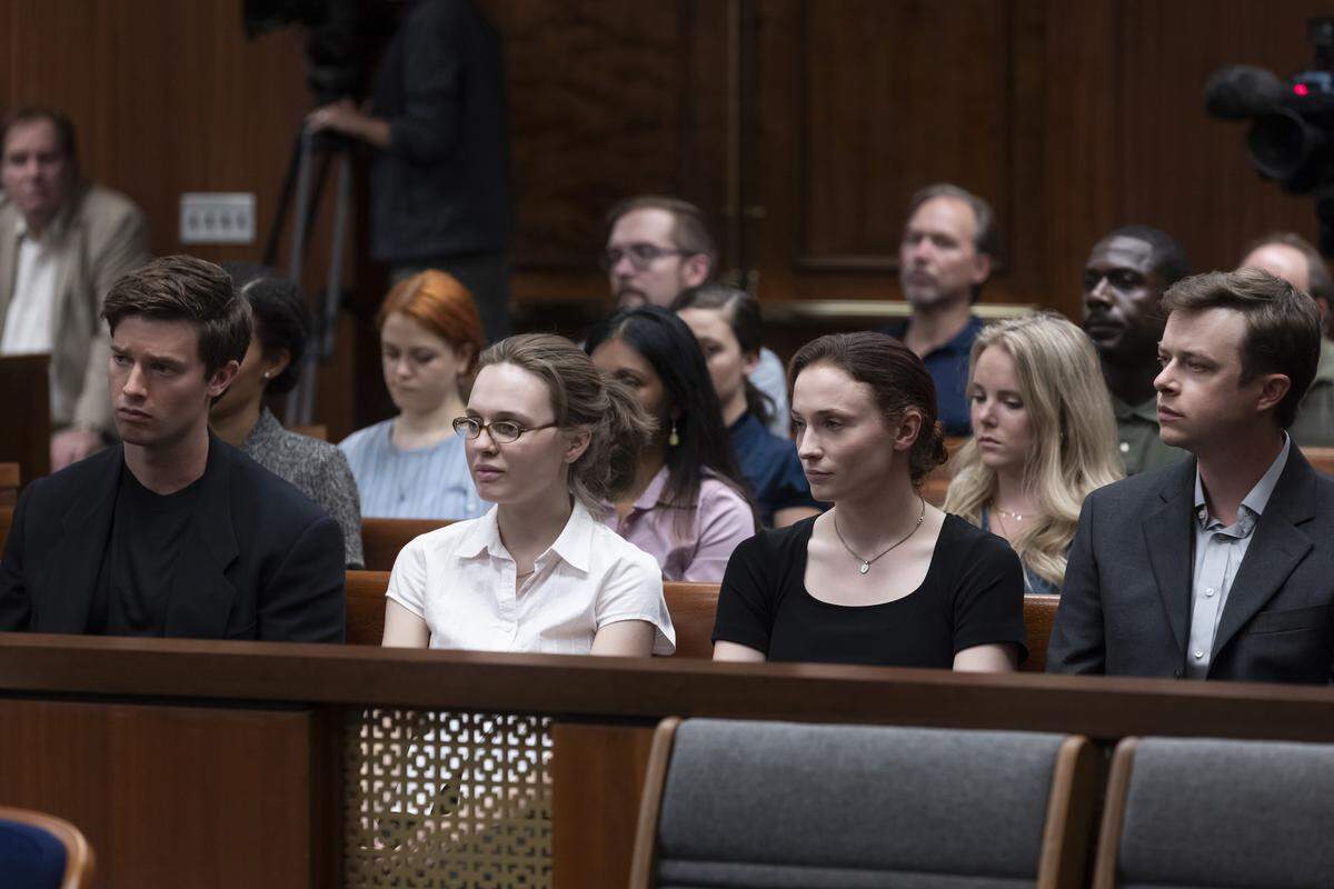 Patrick Schwarzenegger as Todd Peterson, Odessa Young as Martha Ratliff, Sophie Turner as Margaret Ratliff and Dane DeHaan as Clayton Peterson in the HBO Max series “The Staircase.”