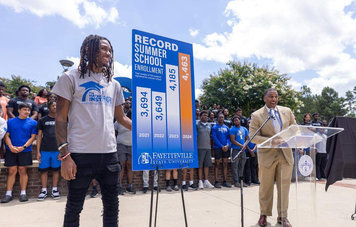 Fayetteville State University Chancellor Darrell Allison speaks at an event announcing historic summer school enrollment and a $750,000 donation to support the initiative, Wednesday, June 19, 2024.