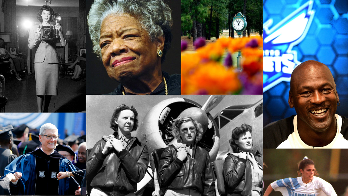 The New York Times has been exploring North Carolina trivia in its crossword puzzle this year. Clockwise from top left: Ava Gardner, Maya Angelou, Pinehurst No. 2 golf course, Michael Jordan, Mia Hamm, Ben Folds, a photo taken by the James Webb Space Telescope, Thelonious Monk, Tim Cook and the female pilots of World War II and