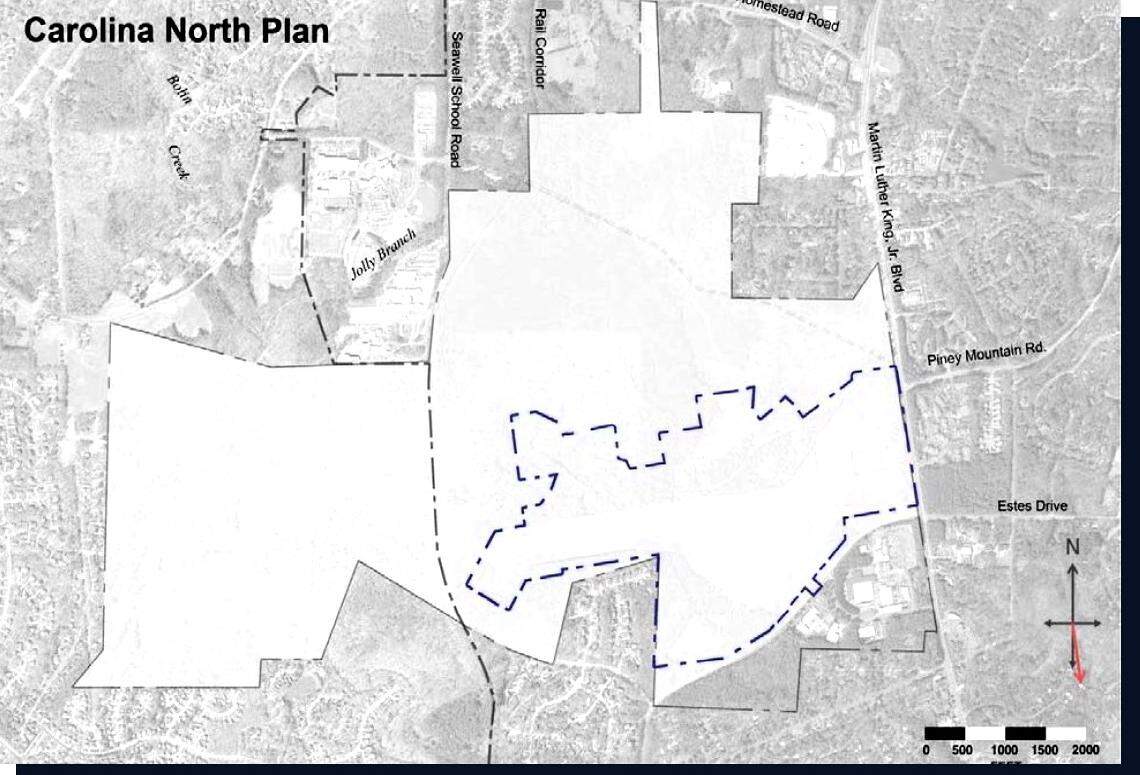 A map shared with the UNC-Chapel Hill Board of Trustees in November shows the roughly 947 acres that comprise Carolina North. The smaller parcel at bottom right marks the former Horace Williams Airport where UNC could build the first phase of its new campus.