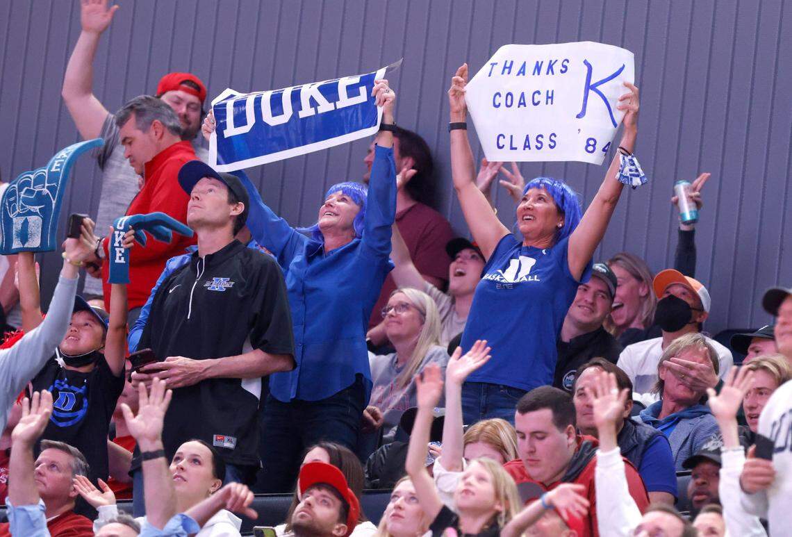 Blue Devils fans cheer during the second half of Dukes 78-69 victory over Arkansas in the NCAA Tournament West Regional finals at the Chase Center in San Francisco, Calif., Saturday, March 26, 2022.