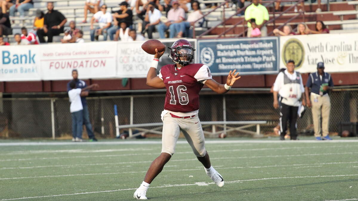 North Carolina Central junior quarterback Naiil Ramadan threw for three touchdowns, all in the first half, as the Eagles defeated Saint Aug’s, 51-14, Saturday.