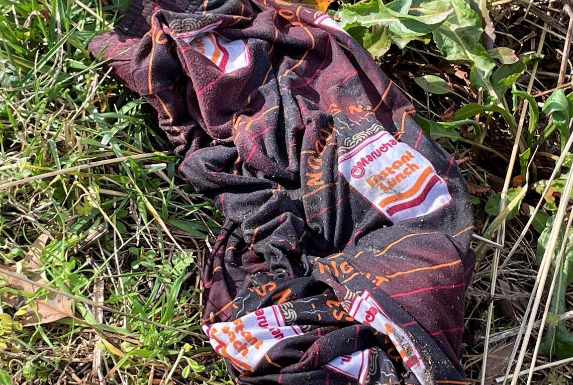 A pair of Maruchan Instant Lunch ramen-themed pajama bottoms lies on the side of Interstate 85, near an exit north of Henderson, NC. The pants caught the attention of Krista Taylor, the mother of 25-year-old Virginia woman who went missing in 2022.