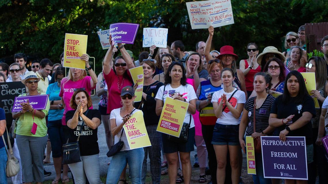 Abortion rights supporters rally against abortion ban legislation Tuesday, May 21, 2019 at A Woman’s Choice of Raleigh clinic.
