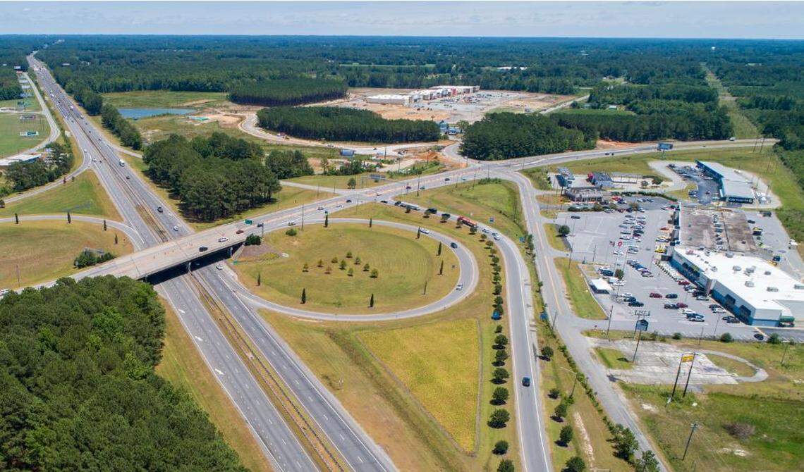 The Old North State Food Hall in Selma, North Carolina, takes up the foreground of this drone image. Just behind it, construction continues at retail space at Eastfield.