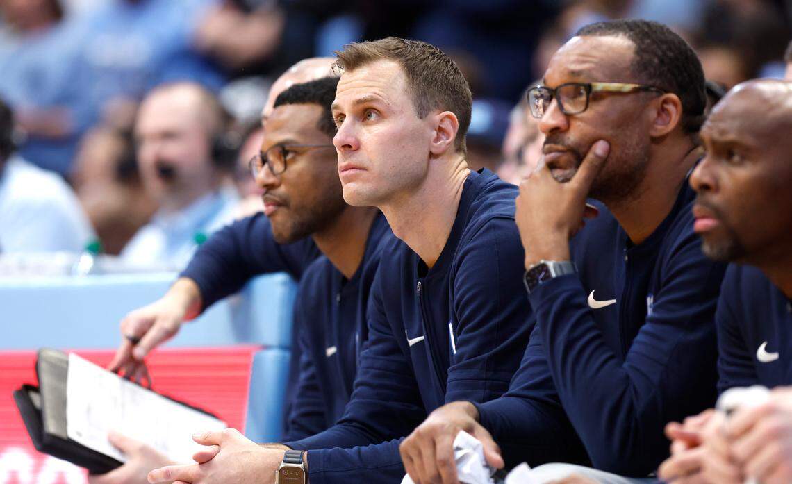 Duke’s head coach Jon Scheyer watches during the second half of UNC’s 93-84 victory over Duke at the Smith Center in Chapel Hill, N.C., Saturday, Feb. 3, 2024.