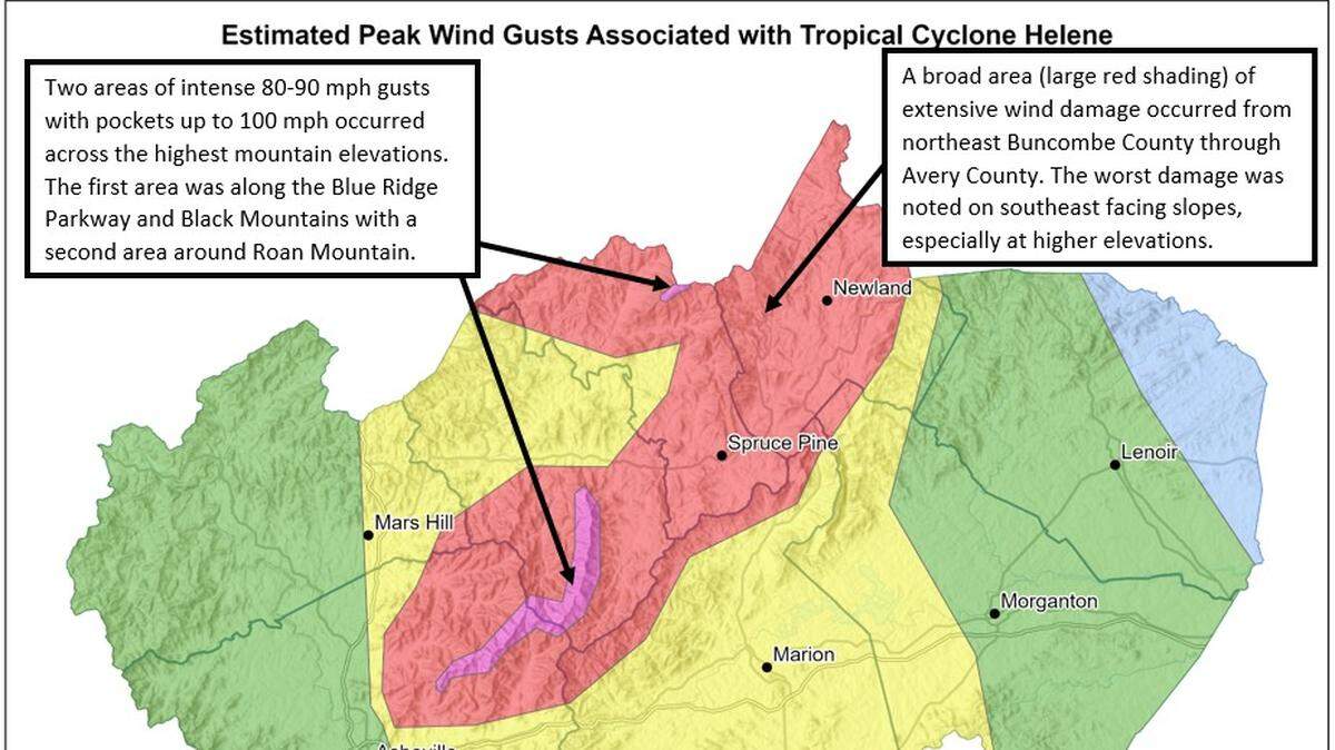 The National Weather Service used anemometer readings along with hundreds of photos, videos and satellite images to determine wind speeds Helene brought to North Carolina on Sept. 27.
