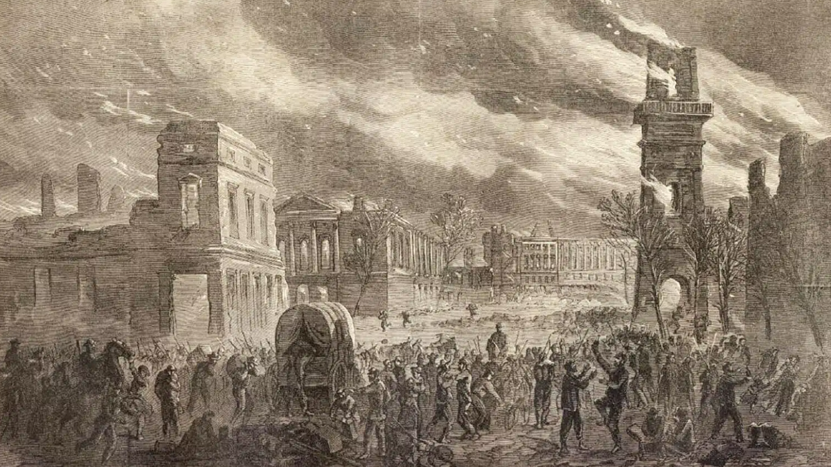 An 1865 depiction of Columbia, S.C., being burned by Union troops near the Civil War’s end. This destruction weighed heavily on Raleigh’s mind as those troops entered the city.