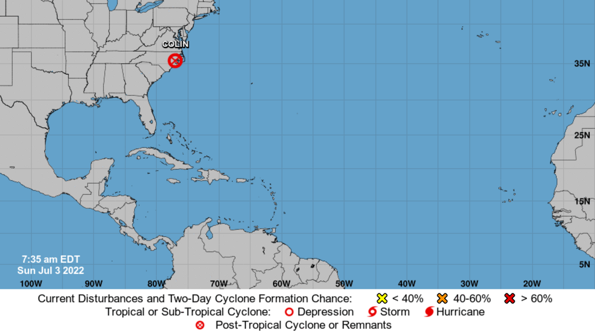 A map shows the location of the remnants of Tropical Storm Colin. Rip currents and dangerous surf conditions are possible at some North Carolina beaches after the storm dissipated in the Atlantic.