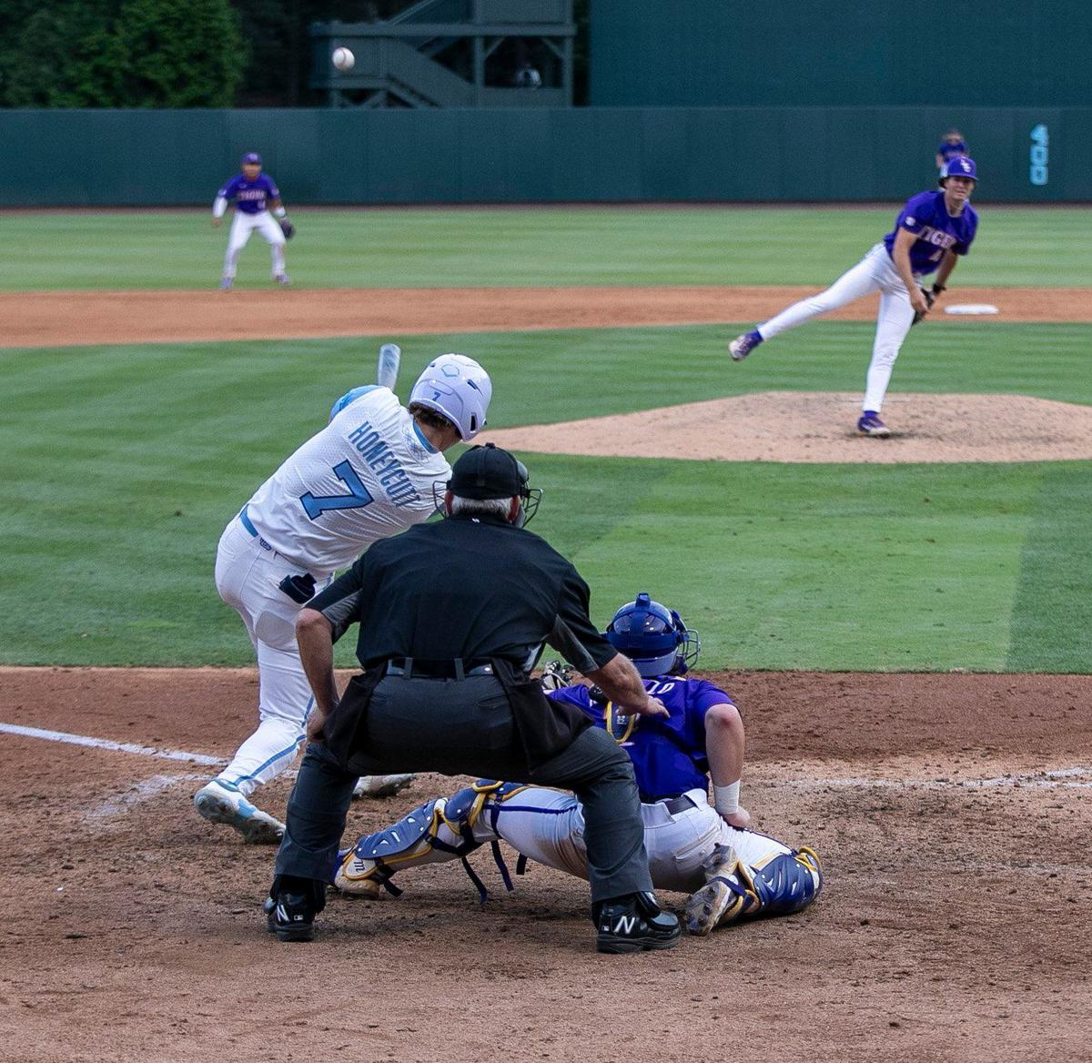 North Carolina’s Vance Honeycutt (7) connects for a home run in the seventh inning to give the Tar Heels a 4-2 lead against LSU during the NCAA Regional on Saturday, June 1, 2024 at Boshamer Stadium in Chapel Hill, N.C.