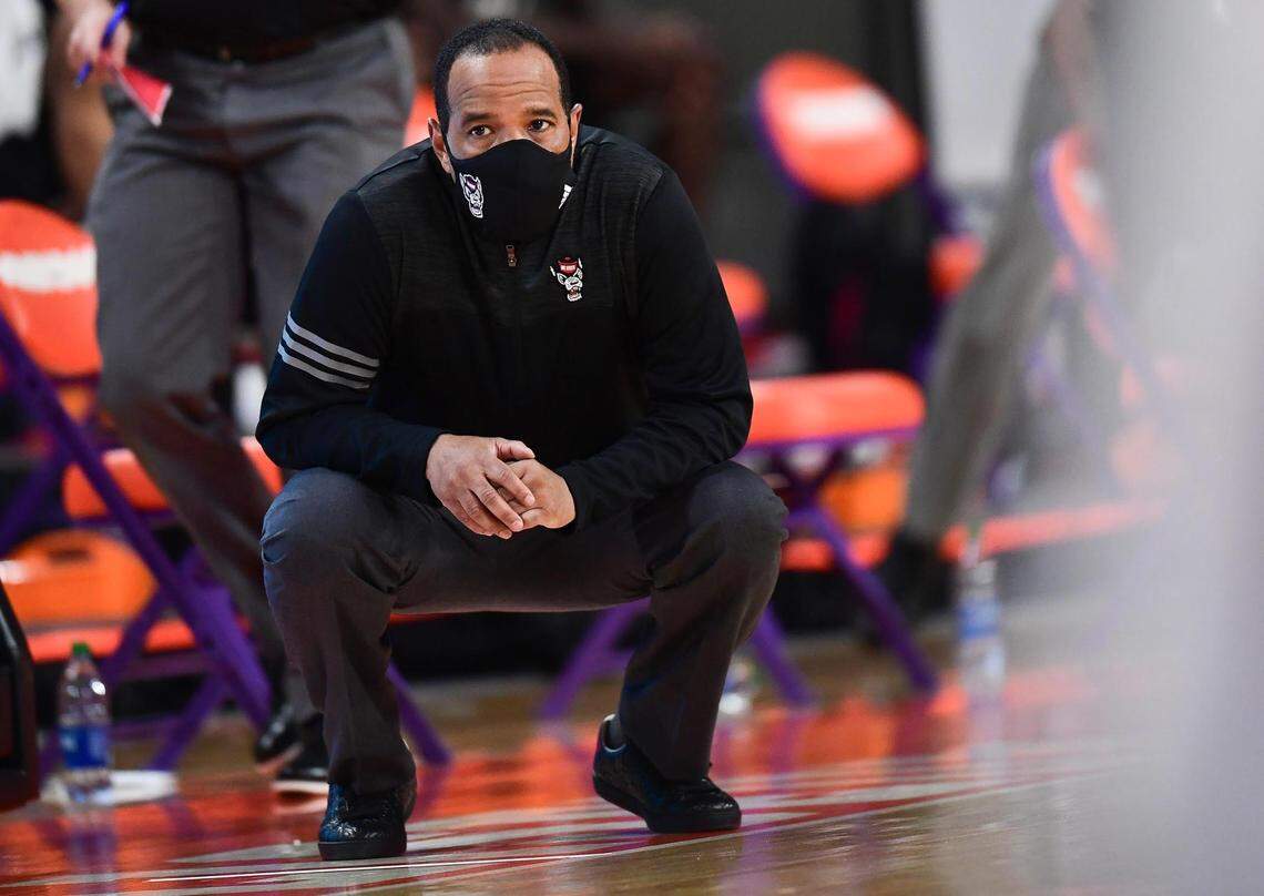 NC State head coach Kevin Keatts watches the action during the second half of the Wolfpack’s game against Clemson January 5, 2021.