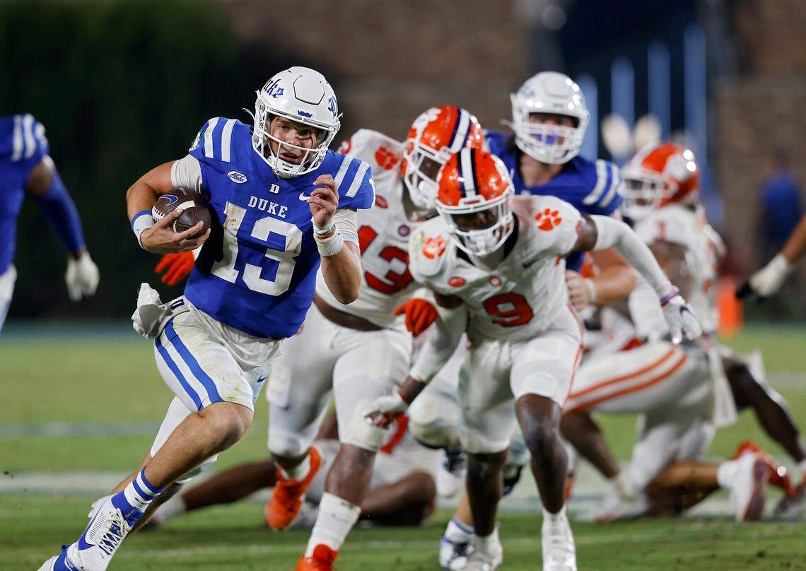 Duke’s Riley Leonard runs the ball for a touchdown during the second half of the Blue Devils’ 28-7 win over Clemson on Monday, Sept. 4, 2023, at Wallace Wade Stadium in Durham, N.C.