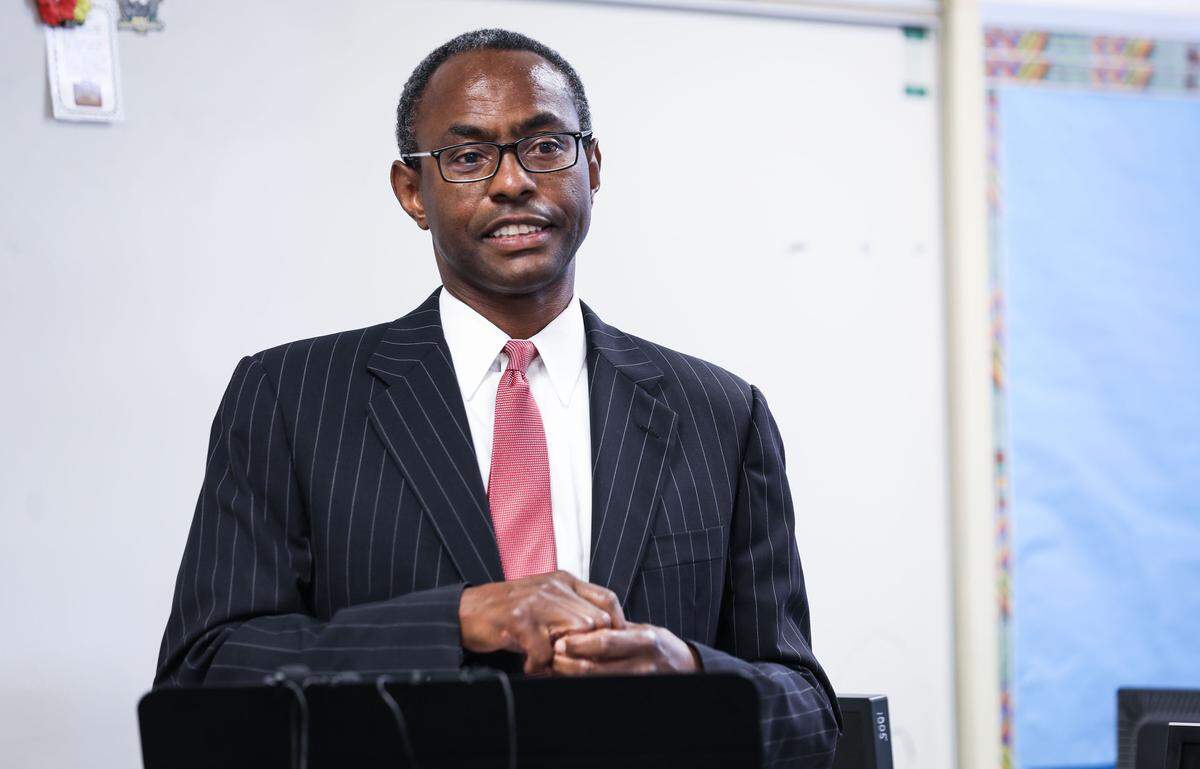 Rod Malone, the attorney representing the school boards, speaks on the context and history of the lawsuit being filed to enforce the 2008 court decision ordering state leaders to pay public schools, at George Watts Elementary School in Durham on Wednesday, August 1, 2018. 