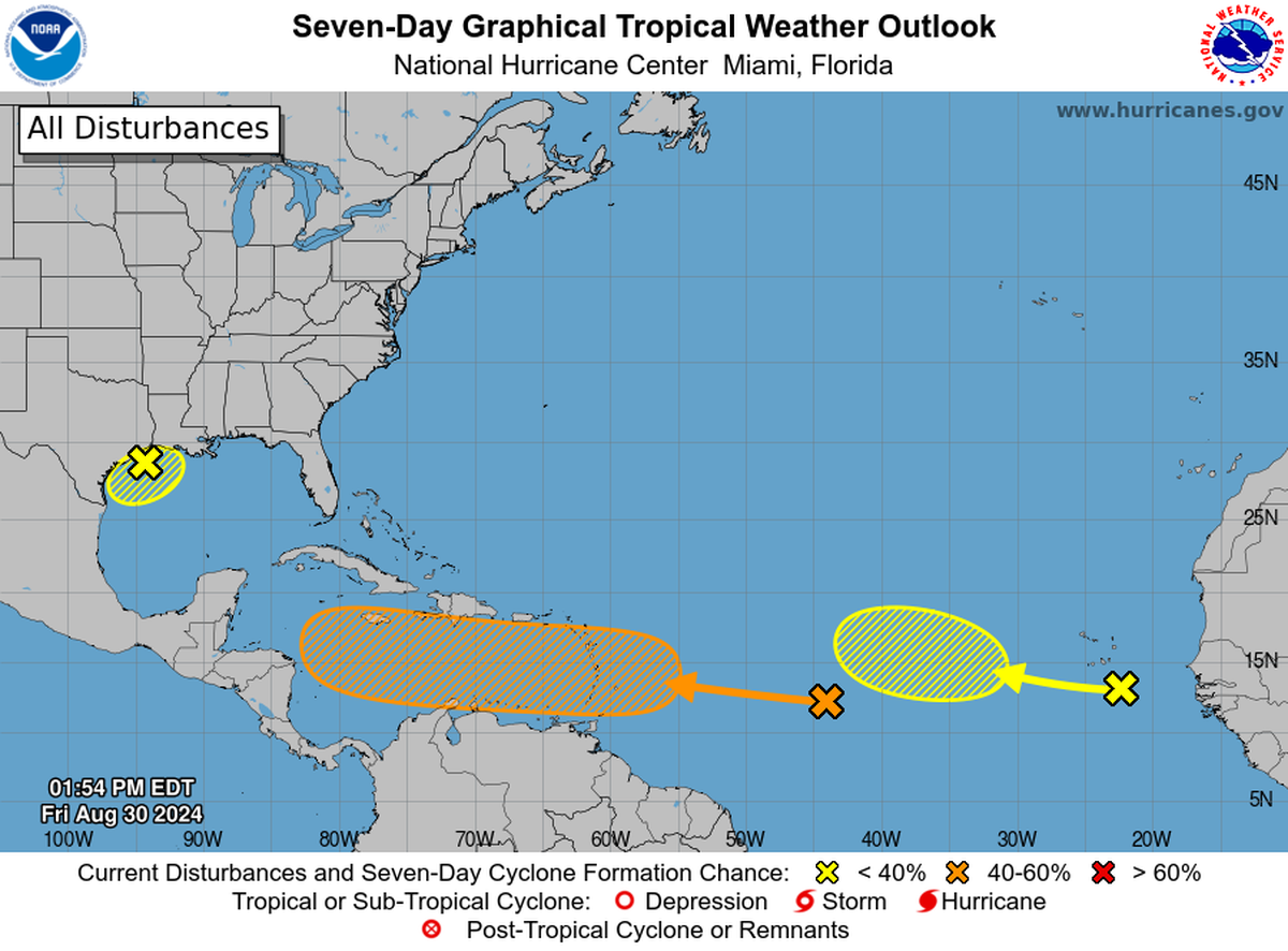 Meteorologists will be watching three disturbances in the Atlantic for possible development into tropical depressions through the next week or so. September is historically a busy month for tropical storms.