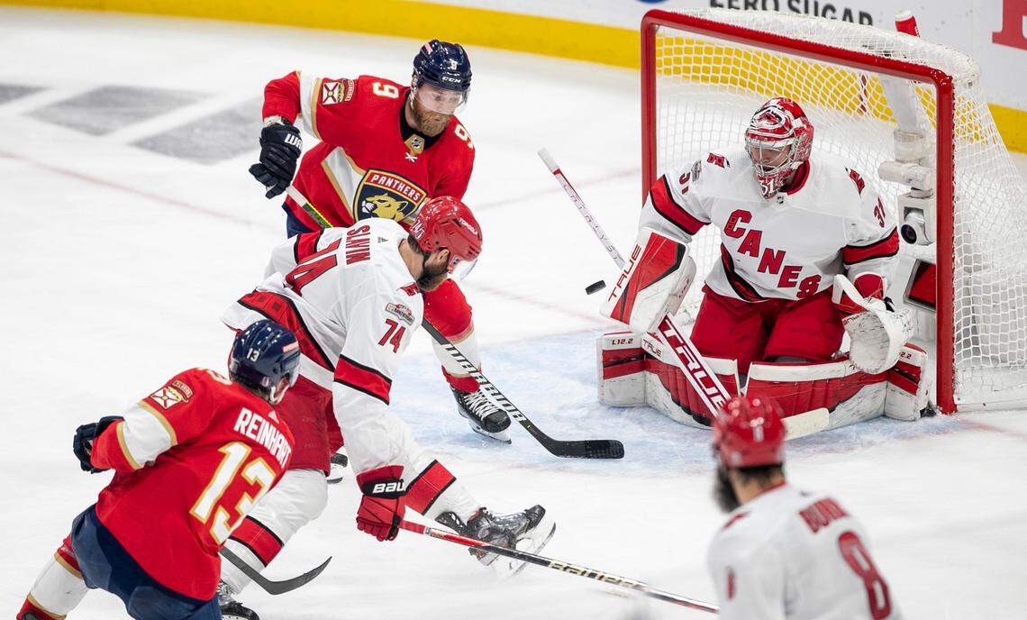 Thew Florida Panthers Sam Reinhart (13) scores on Carolina Hurricanes goalie Frederik Andersen (31) on a power play to take a 1-0 lead in the second period during Game 3 of the Eastern Conference Finals against the Florida Panthers on Monday, May 22, 2023 at FLA Live Arena in Sunrise, Fla.
