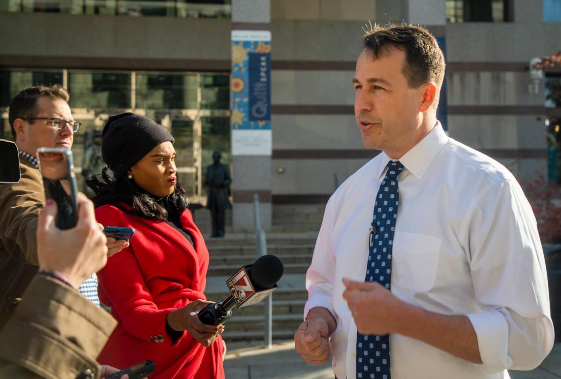 Former state senator Democrat Cal Cunningham answers questions after formally announcing his candidacy filing for the 2020 U.S. Senate race against incumbent Republican Sen. Thom Tillis, on Monday, Dec 2, 2019, in Raleigh, NC.