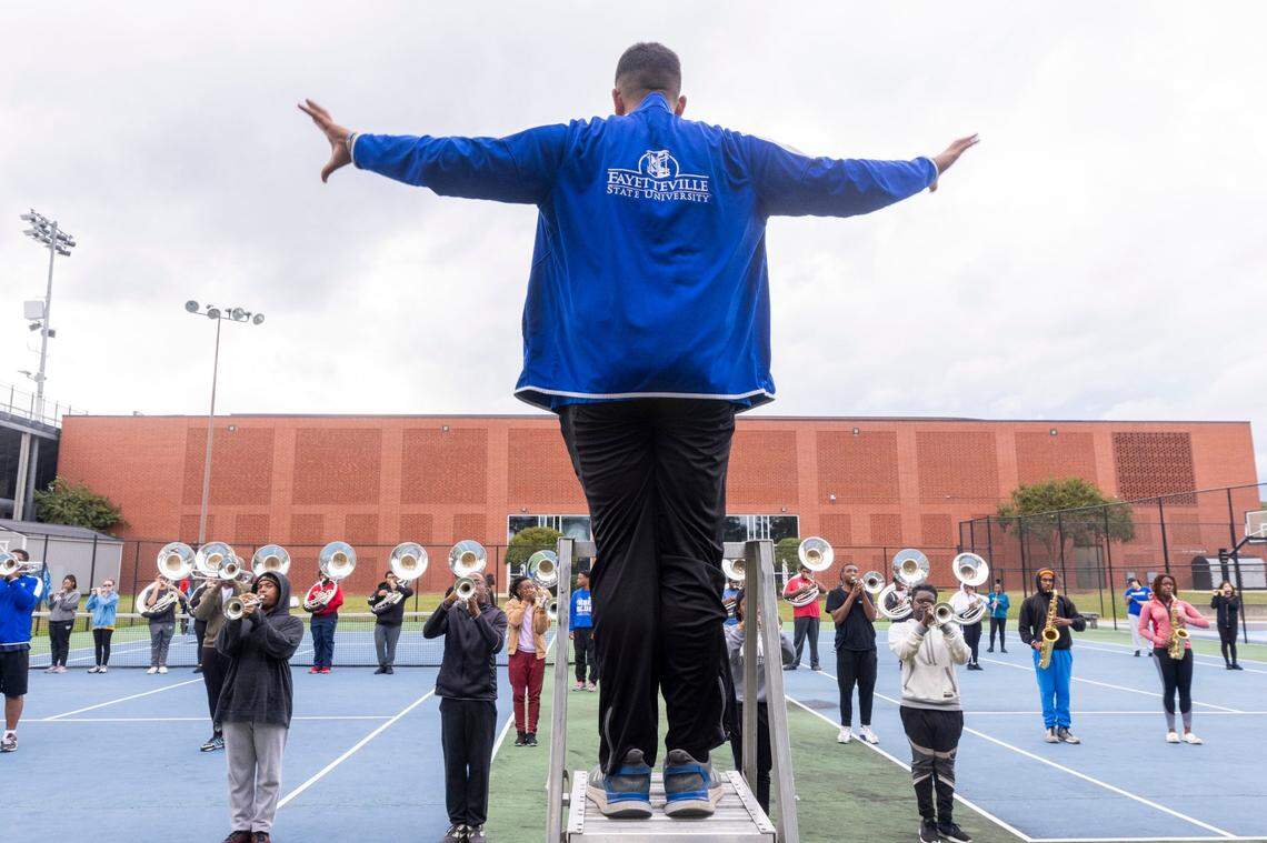 The Fayetteville State University marching band practices prior to a homecoming football game on Fayetteville State’s campus Friday, Oct. 20, 2023. Fayetteville State began offering heavily discounted tuition through the NC Promise Tuition Program in fall 2022.