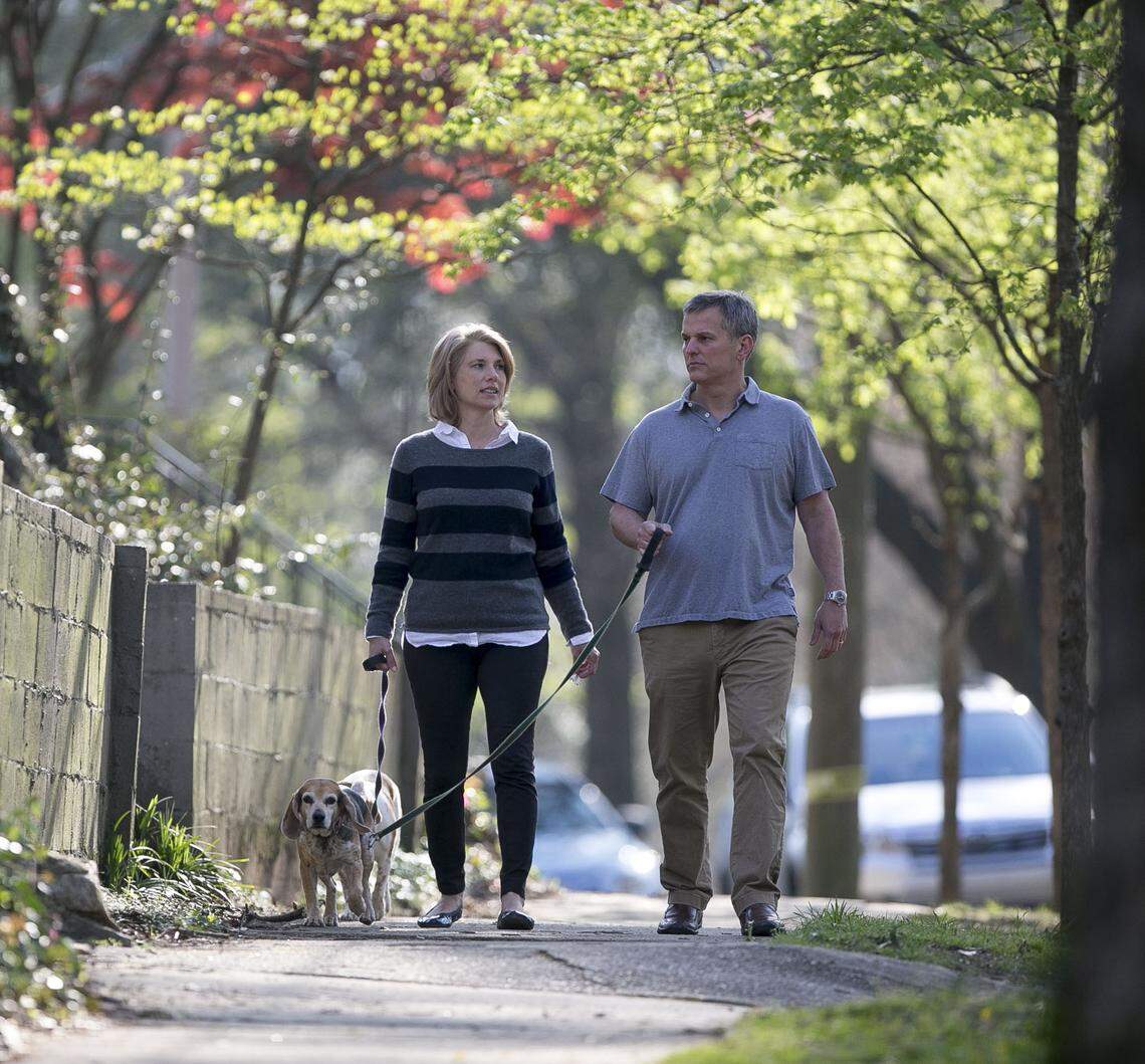 North Carolina Attorney General Josh Stein and his wife Anna Stein take a stroll with their two beagles after work on Wednesday, April 11, 2018 in Raleigh, N.C.
