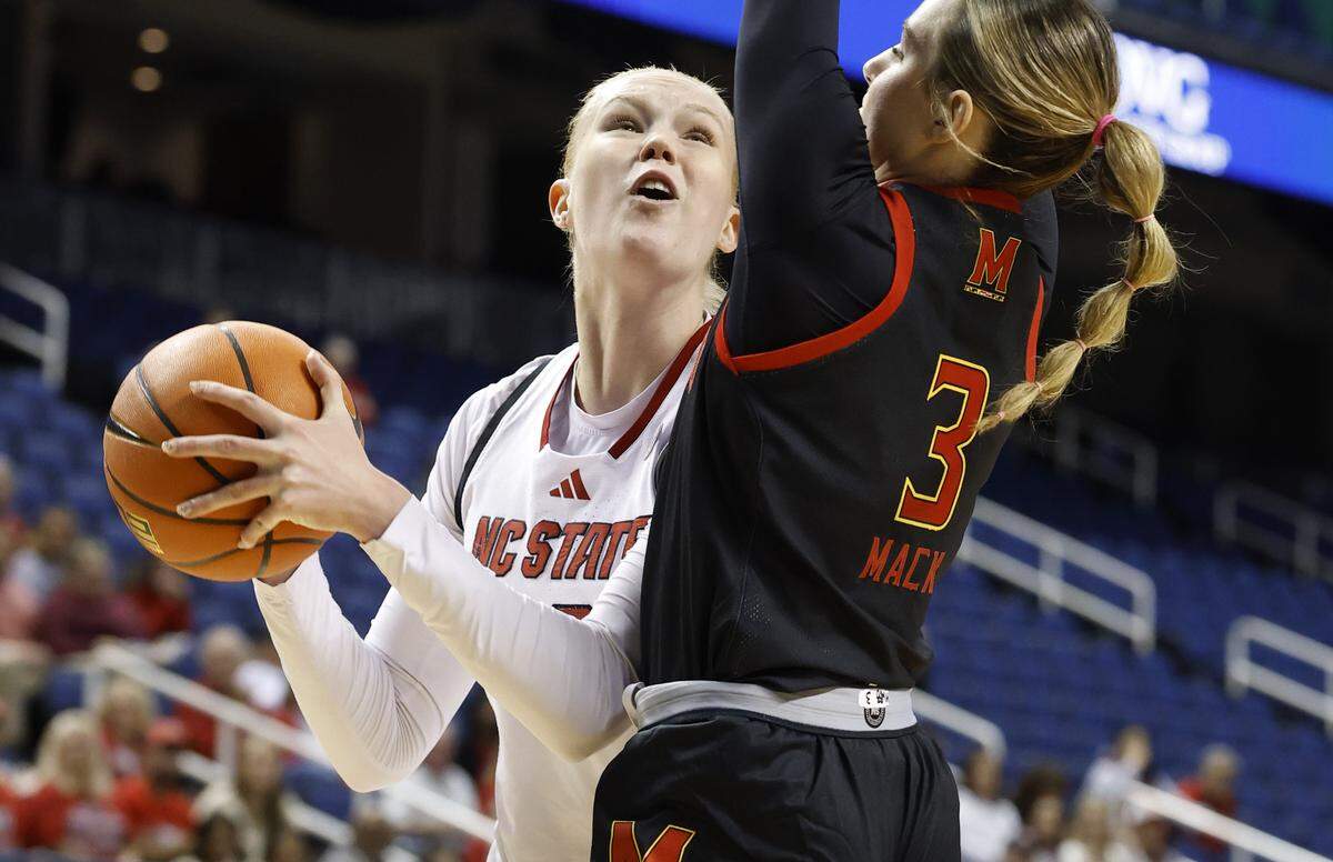 N.C. State's Tilda Trygger, left, looks to shoot as Maryland's Addi Mack defends during the Wolfpack’s game against Maryland at the First Horizon Coliseum in Greensboro, N.C. on Oct. 26.