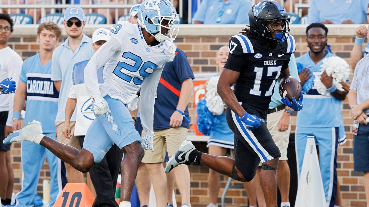 Duke’s Star Thomas runs the ball past North Carolina’s Marcus Allen during the second half of the Blue Devils’ 21-20 win on Saturday, Sept. 28, 2024, at Wallace Wade Stadium in Durham, N.C.