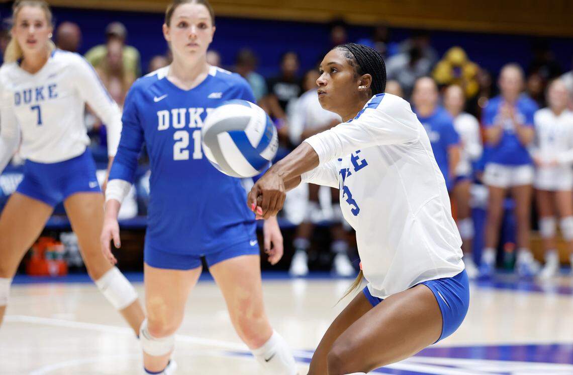 Duke’s Rachel Richardson (3) bumps the ball during the Blue Devils’ game against East Tennessee State University in the Duke Invitational at Cameron Indoor Stadium in Durham, N.C., Friday, Sept. 2, 2022.